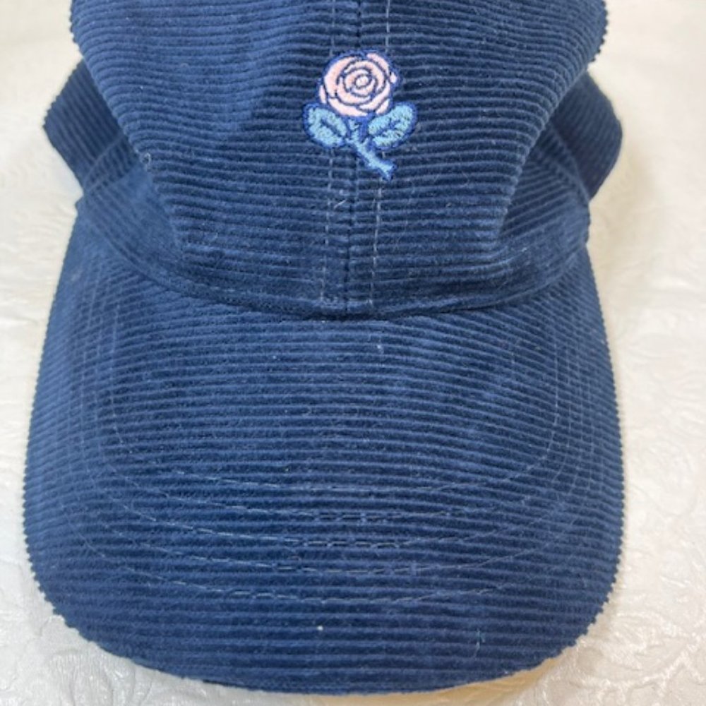 Pink Rose Floral Navy Blue Corduroy Adjustable Cap Hat - Picture 3 of 11
